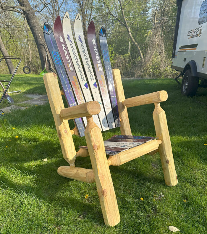 Adirondack log ski chair made from repurposed skis